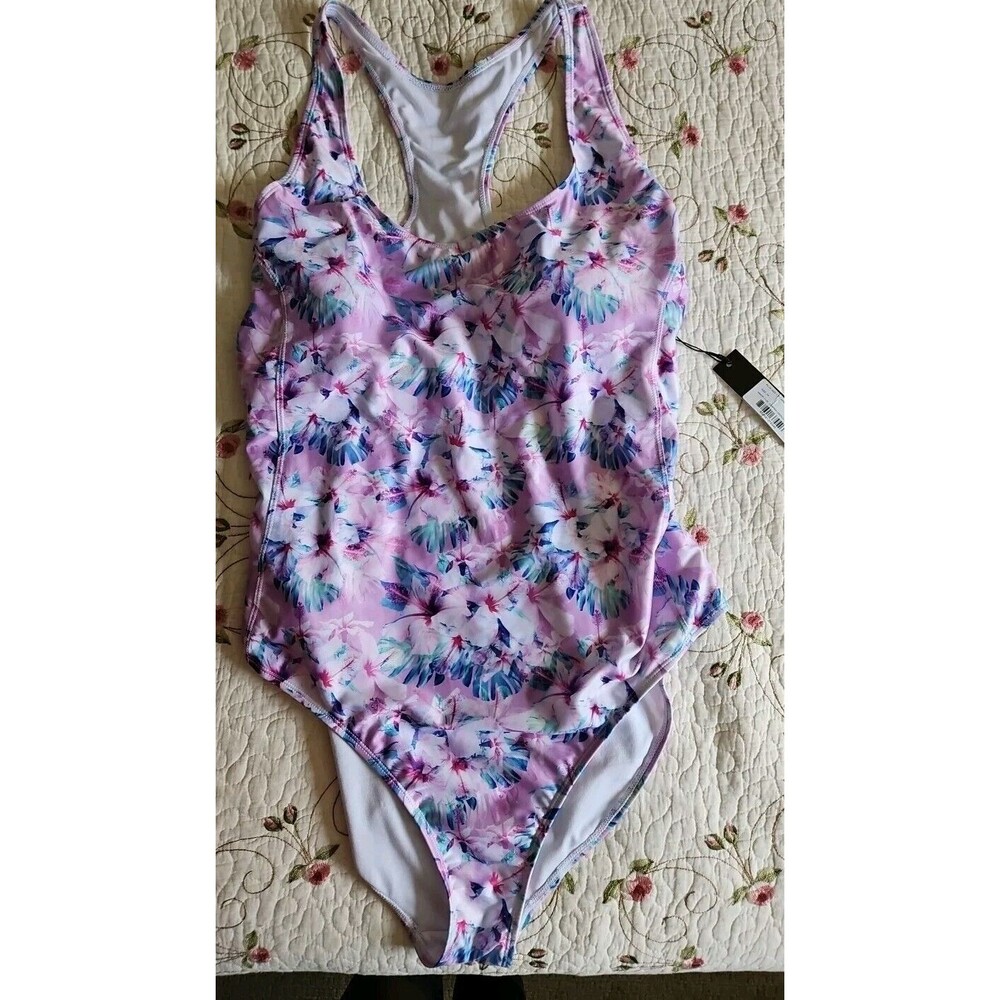Nicole Miller Swimsuit Purple Cabana Hibiscus Print Racerback Size 3X NWT